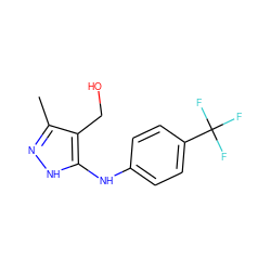 Cc1n[nH]c(Nc2ccc(C(F)(F)F)cc2)c1CO ZINC000013781029