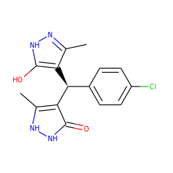 Cc1n[nH]c(O)c1[C@@H](c1ccc(Cl)cc1)c1c(C)[nH][nH]c1=O ZINC000019886022