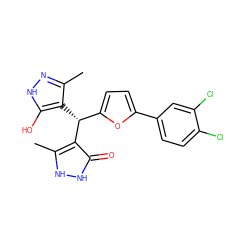 Cc1n[nH]c(O)c1[C@H](c1ccc(-c2ccc(Cl)c(Cl)c2)o1)c1c(C)[nH][nH]c1=O ZINC000008670757