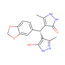 Cc1n[nH]c(O)c1[C@H](c1ccc2c(c1)OCO2)c1c(C)[nH][nH]c1=O ZINC000004095080