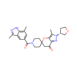 Cc1n[nH]c2c(C)cc(C(=O)N3CCC4(CC3)CC(=O)c3nn([C@@H]5CCOC5)c(C)c3O4)cc12 ZINC000073313708