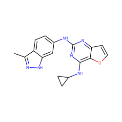 Cc1n[nH]c2cc(Nc3nc(NC4CC4)c4occc4n3)ccc12 ZINC000116903664