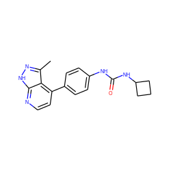 Cc1n[nH]c2nccc(-c3ccc(NC(=O)NC4CCC4)cc3)c12 ZINC001772621379