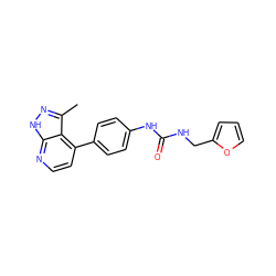 Cc1n[nH]c2nccc(-c3ccc(NC(=O)NCc4ccco4)cc3)c12 ZINC001772570695