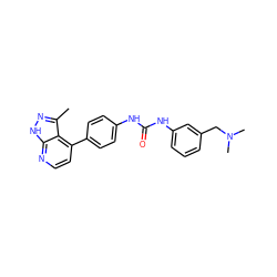 Cc1n[nH]c2nccc(-c3ccc(NC(=O)Nc4cccc(CN(C)C)c4)cc3)c12 ZINC001772620019