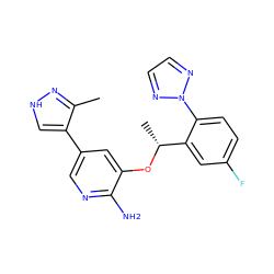 Cc1n[nH]cc1-c1cnc(N)c(O[C@H](C)c2cc(F)ccc2-n2nccn2)c1 ZINC000095921382