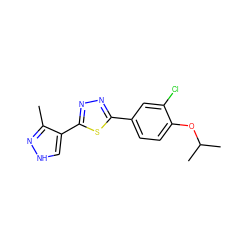 Cc1n[nH]cc1-c1nnc(-c2ccc(OC(C)C)c(Cl)c2)s1 ZINC000653709024