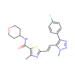 Cc1nc(/C=C/c2c(-c3ccc(F)cc3)nnn2C)sc1C(=O)NC1CCOCC1 ZINC000149284291