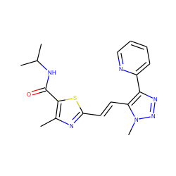 Cc1nc(/C=C/c2c(-c3ccccn3)nnn2C)sc1C(=O)NC(C)C ZINC000168473232