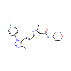 Cc1nc(/C=C/c2c(C)nnn2-c2ccc(F)cc2)sc1C(=O)NC1CCOCC1 ZINC000148460814