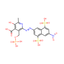 Cc1nc(/N=N/c2cc(S(=O)(=O)O)c3cc([N+](=O)[O-])cc(S(=O)(=O)O)c3c2)c(COP(=O)(O)O)c(C(=O)O)c1O ZINC001772585852