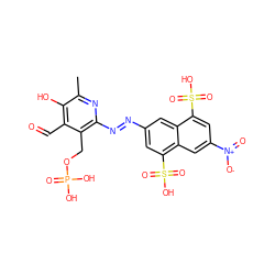 Cc1nc(/N=N/c2cc(S(=O)(=O)O)c3cc([N+](=O)[O-])cc(S(=O)(=O)O)c3c2)c(COP(=O)(O)O)c(C=O)c1O ZINC000003995901