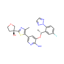 Cc1nc([C@]2(O)CCOC2)sc1-c1cnc(N)c(O[C@H](C)c2cc(F)ccc2-n2nccn2)c1 ZINC000103249683