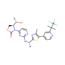 Cc1nc([C@H](C)Nc2nccc(N3C(=O)OC[C@H]3[C@H](C)O)n2)sc1-c1ccnc(C(C)(C)C(F)(F)F)c1 ZINC001772629976