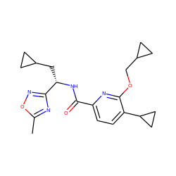 Cc1nc([C@H](CC2CC2)NC(=O)c2ccc(C3CC3)c(OCC3CC3)n2)no1 ZINC000207734369