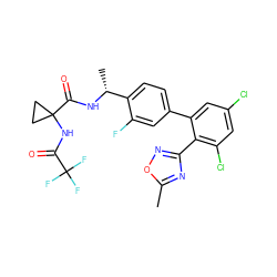 Cc1nc(-c2c(Cl)cc(Cl)cc2-c2ccc([C@@H](C)NC(=O)C3(NC(=O)C(F)(F)F)CC3)c(F)c2)no1 ZINC000028822434