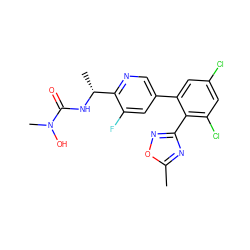 Cc1nc(-c2c(Cl)cc(Cl)cc2-c2cnc([C@@H](C)NC(=O)N(C)O)c(F)c2)no1 ZINC000045370792