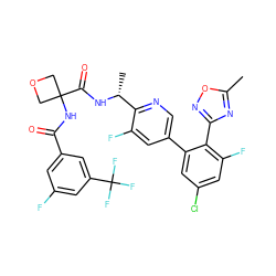 Cc1nc(-c2c(F)cc(Cl)cc2-c2cnc([C@@H](C)NC(=O)C3(NC(=O)c4cc(F)cc(C(F)(F)F)c4)COC3)c(F)c2)no1 ZINC000169287551