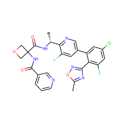 Cc1nc(-c2c(F)cc(Cl)cc2-c2cnc([C@@H](C)NC(=O)C3(NC(=O)c4cccnc4)COC3)c(F)c2)no1 ZINC000169710391