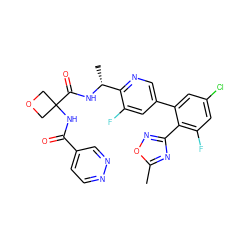 Cc1nc(-c2c(F)cc(Cl)cc2-c2cnc([C@@H](C)NC(=O)C3(NC(=O)c4ccnnc4)COC3)c(F)c2)no1 ZINC000169710384