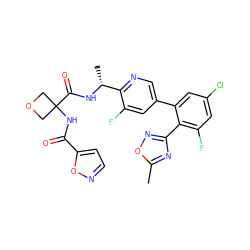 Cc1nc(-c2c(F)cc(Cl)cc2-c2cnc([C@@H](C)NC(=O)C3(NC(=O)c4ccno4)COC3)c(F)c2)no1 ZINC000169287112