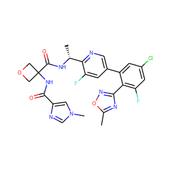 Cc1nc(-c2c(F)cc(Cl)cc2-c2cnc([C@@H](C)NC(=O)C3(NC(=O)c4cn(C)cn4)COC3)c(F)c2)no1 ZINC000169710388