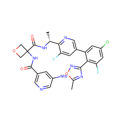 Cc1nc(-c2c(F)cc(Cl)cc2-c2cnc([C@@H](C)NC(=O)C3(NC(=O)c4cncc(N)c4)COC3)c(F)c2)no1 ZINC000169710389