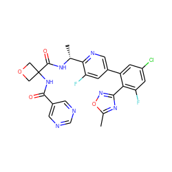 Cc1nc(-c2c(F)cc(Cl)cc2-c2cnc([C@@H](C)NC(=O)C3(NC(=O)c4cncnc4)COC3)c(F)c2)no1 ZINC000169287375