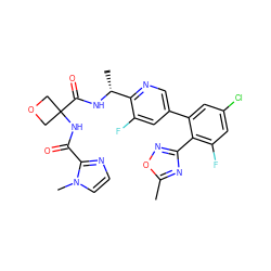 Cc1nc(-c2c(F)cc(Cl)cc2-c2cnc([C@@H](C)NC(=O)C3(NC(=O)c4nccn4C)COC3)c(F)c2)no1 ZINC000169710386