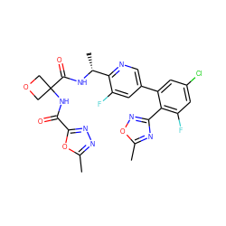 Cc1nc(-c2c(F)cc(Cl)cc2-c2cnc([C@@H](C)NC(=O)C3(NC(=O)c4nnc(C)o4)COC3)c(F)c2)no1 ZINC000169710376