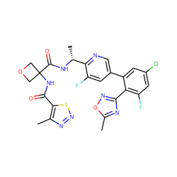 Cc1nc(-c2c(F)cc(Cl)cc2-c2cnc([C@@H](C)NC(=O)C3(NC(=O)c4snnc4C)COC3)c(F)c2)no1 ZINC000169710370