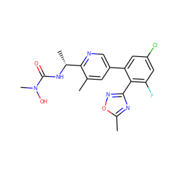 Cc1nc(-c2c(F)cc(Cl)cc2-c2cnc([C@@H](C)NC(=O)N(C)O)c(C)c2)no1 ZINC000045364584