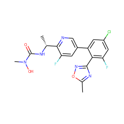 Cc1nc(-c2c(F)cc(Cl)cc2-c2cnc([C@@H](C)NC(=O)N(C)O)c(F)c2)no1 ZINC000045338921