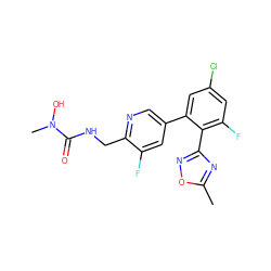 Cc1nc(-c2c(F)cc(Cl)cc2-c2cnc(CNC(=O)N(C)O)c(F)c2)no1 ZINC000045338923