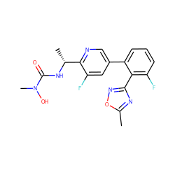 Cc1nc(-c2c(F)cccc2-c2cnc([C@@H](C)NC(=O)N(C)O)c(F)c2)no1 ZINC000045339163