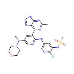 Cc1nc(-c2cc([C@@H](C)N3CCOCC3)cnc2Nc2cnc(Cl)c(NS(C)(=O)=O)c2)c2nc[nH]c2n1 ZINC000113153737