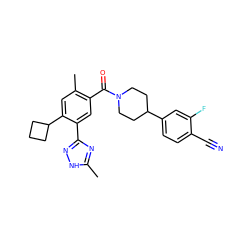 Cc1nc(-c2cc(C(=O)N3CCC(c4ccc(C#N)c(F)c4)CC3)c(C)cc2C2CCC2)n[nH]1 ZINC000220785139