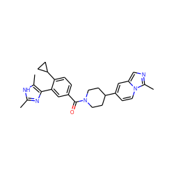 Cc1nc(-c2cc(C(=O)N3CCC(c4ccn5c(C)ncc5c4)CC3)ccc2C2CC2)c(C)[nH]1 ZINC000220782451