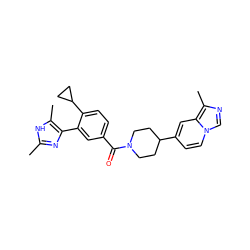 Cc1nc(-c2cc(C(=O)N3CCC(c4ccn5cnc(C)c5c4)CC3)ccc2C2CC2)c(C)[nH]1 ZINC000219099029