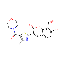 Cc1nc(-c2cc3ccc(O)c(C=O)c3oc2=O)sc1C(=O)N1CCOCC1 ZINC000261154199