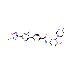 Cc1nc(-c2ccc(-c3ccc(C(=O)Nc4ccc(O)c(N5CCN(C)CC5)c4)cc3)c(C)c2)no1 ZINC000013805063