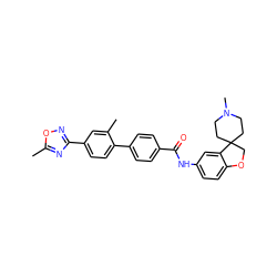 Cc1nc(-c2ccc(-c3ccc(C(=O)Nc4ccc5c(c4)C4(CCN(C)CC4)CO5)cc3)c(C)c2)no1 ZINC000001485293