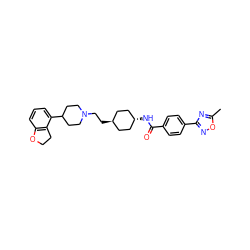 Cc1nc(-c2ccc(C(=O)N[C@H]3CC[C@H](CCN4CCC(c5cccc6c5CCO6)CC4)CC3)cc2)no1 ZINC000261146731