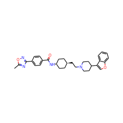 Cc1nc(-c2ccc(C(=O)N[C@H]3CC[C@H](CCN4CCC(c5coc6ccccc56)CC4)CC3)cc2)no1 ZINC000261184024