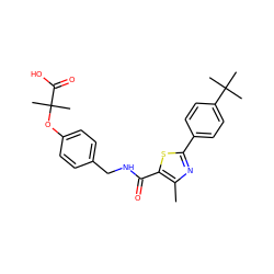 Cc1nc(-c2ccc(C(C)(C)C)cc2)sc1C(=O)NCc1ccc(OC(C)(C)C(=O)O)cc1 ZINC000034357232