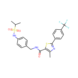 Cc1nc(-c2ccc(C(F)(F)F)cc2)sc1C(=O)NCc1ccc(NS(=O)(=O)C(C)C)cc1 ZINC000028978818