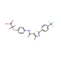 Cc1nc(-c2ccc(C(F)(F)F)cc2)sc1C(=O)Nc1ccc(OC(C)(C)C(=O)O)cc1 ZINC000035246685