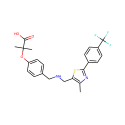 Cc1nc(-c2ccc(C(F)(F)F)cc2)sc1CNCc1ccc(OC(C)(C)C(=O)O)cc1 ZINC000028604428