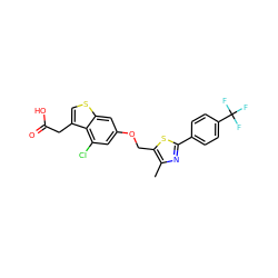 Cc1nc(-c2ccc(C(F)(F)F)cc2)sc1COc1cc(Cl)c2c(CC(=O)O)csc2c1 ZINC000028822705