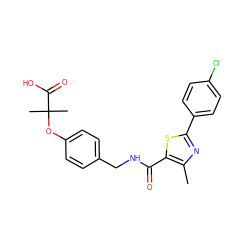 Cc1nc(-c2ccc(Cl)cc2)sc1C(=O)NCc1ccc(OC(C)(C)C(=O)O)cc1 ZINC000037866953